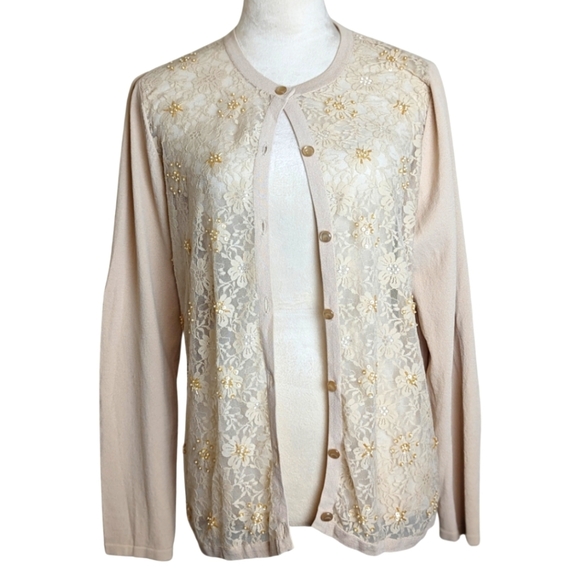 Vintage Lace Front Button Down Cardigan Oversized Stretching Knit Women's Size S - Picture 1 of 11